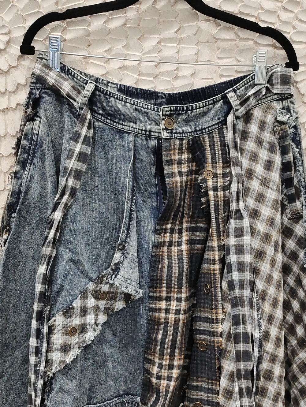 Boho Patchwork Plaid Assymetrical Denim Skirt - Blue - Picture 6 of 10